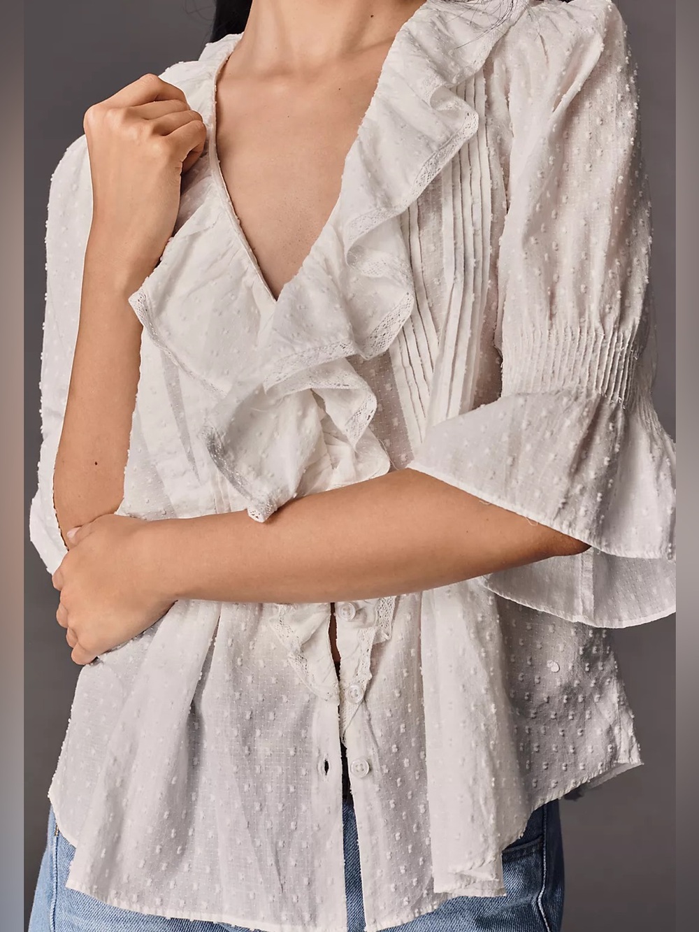 NWOT By Anthropologie Ruffled Pin-Tuck Button-Front Blouse Size Medium - Picture 3 of 13